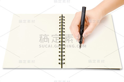 在空白笔记本上写字，在白色背景上写字。