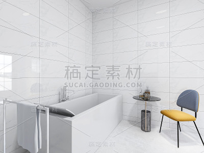 3D渲染，现代住宅洁净浴室设计，配备洗手盆，镜子，马桶，淋浴设备和浴缸，阳光从落地窗照射进来。