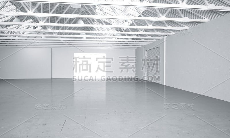 干净明亮的仓库汽车展厅3D渲染