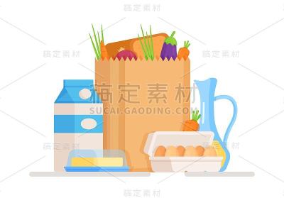 一个孤立的杂货袋在白色背景上的矢量插图。购买新鲜蔬菜，鸡蛋，乳制品和其他。