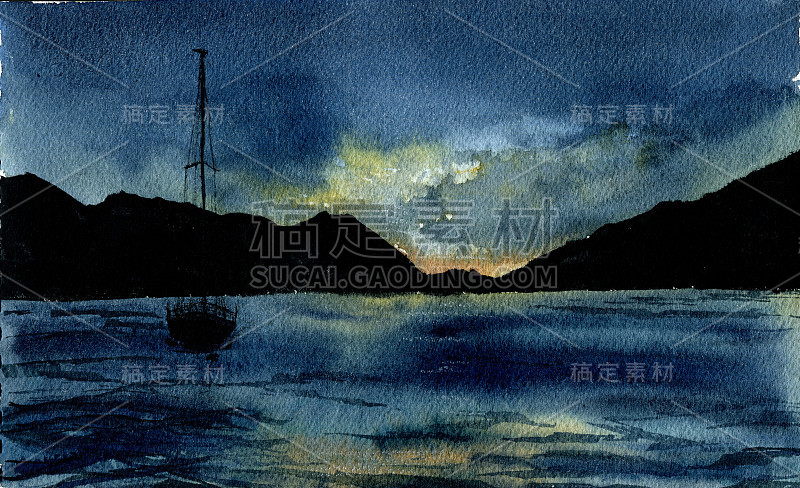 水彩海景游艇。手绘夜海图