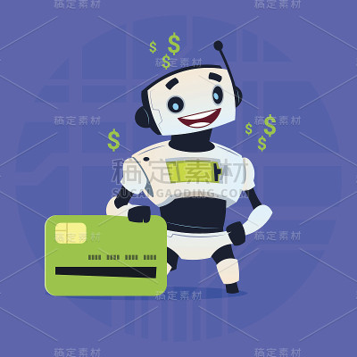 可爱机器人持有信用卡移动支付网上购物现代人工智能技术概念