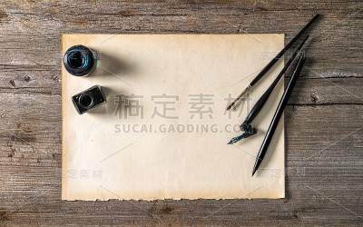 信纸，书写工具，墨水笔，墨水瓶，古董背景