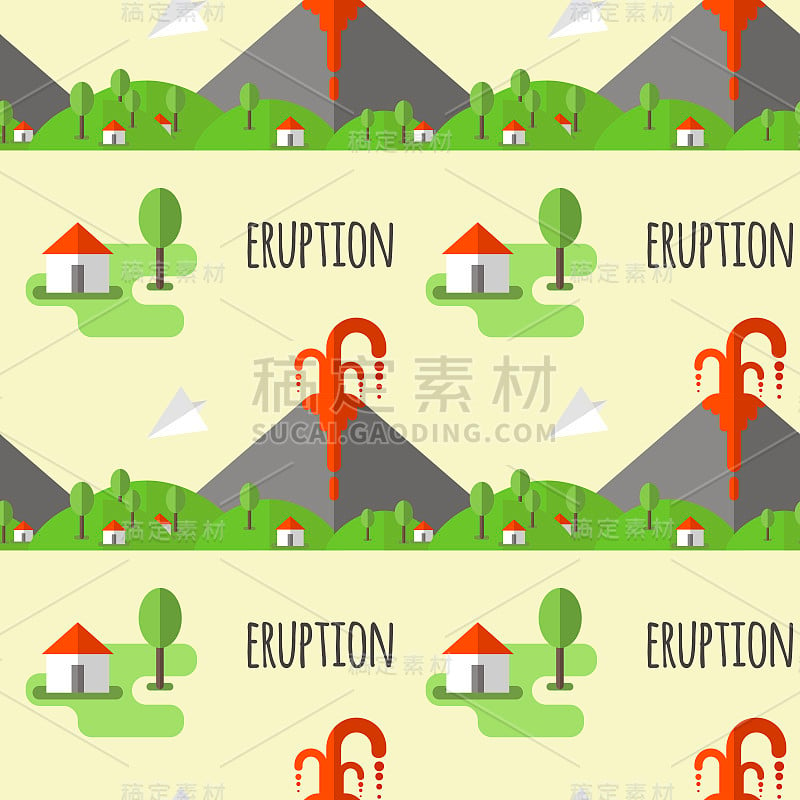 矢量无缝模式火山喷发。烟雾和熔岩从火山口，村庄和树在脚下。用于明信片，网站，海报，壁纸，包装纸