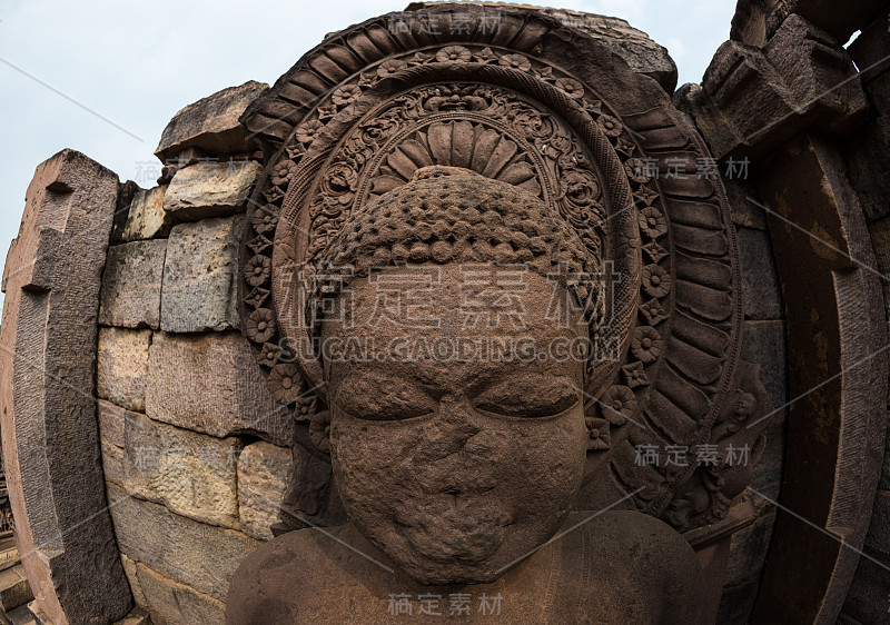 桑吉塔，古代佛像细节，宗教神秘，石刻。印度中央邦的旅游目的地。