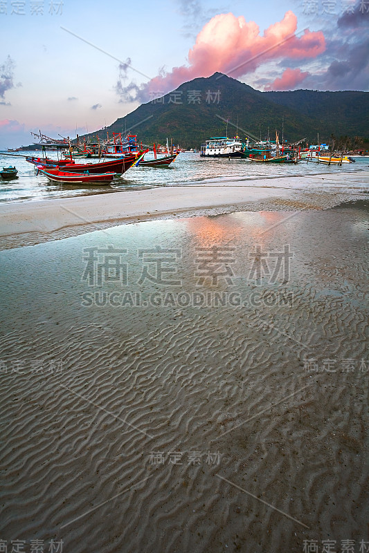 海岸，大海，日落，港口，山