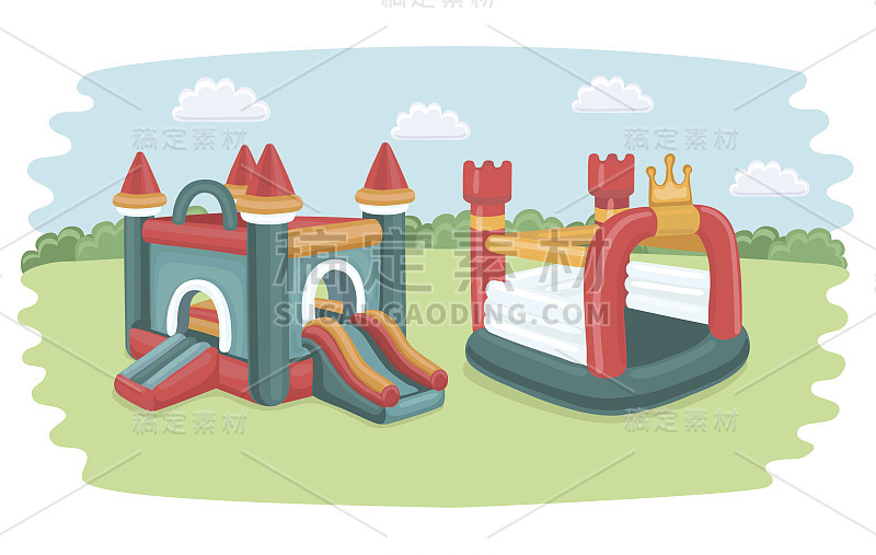 矢量海报与两个大的充气滑梯和一套线条图标城堡，滑梯，圆形游泳池，蹦床的孩子和配件在操场上的游戏。线性