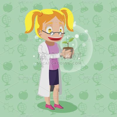 科学家卡通人物女人植物向量