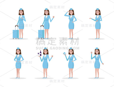 空姐穿蓝色制服，白色隔离。