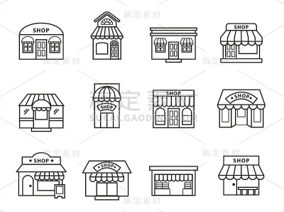 商店和商店建立图标集。线样式股票向量。