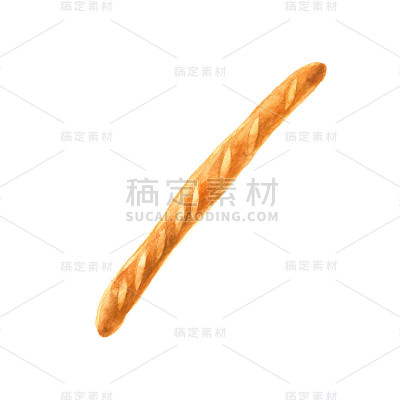 法国面包。孤立的水彩插图在白色的背景。