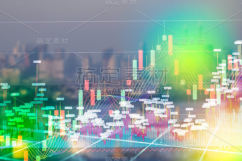 股票市场数字图形图表上的LED显示概念。大量展示每日股票市场价格和报价。指标金融外汇贸易教育背景。硬