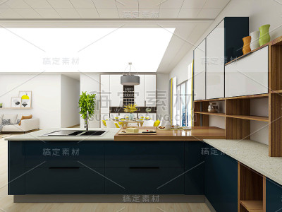 3D效果图，宽敞的现代餐厅厨房设计，舒适简约