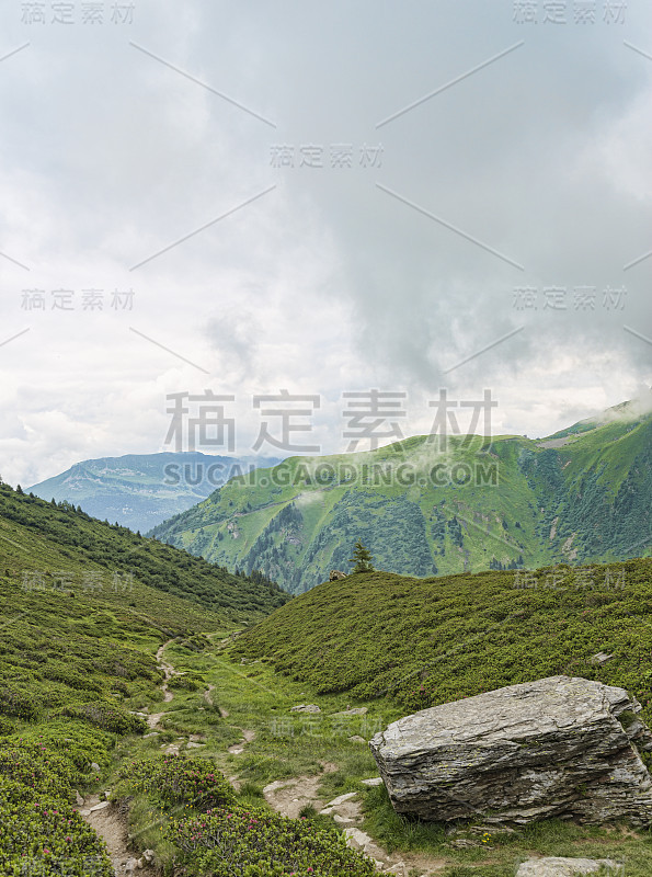 高山徒步路线在绿色山谷