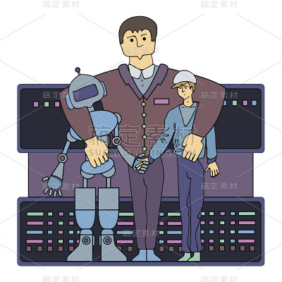 人与机器人关系专家。未来的工作之一。矢量插图，孤立在白色上。