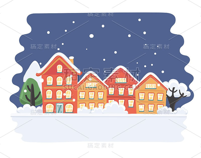 圣诞插图。冬天的风景。贺卡和童话般的房子。雪城在节日前夕。