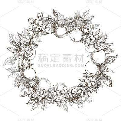 苹果枝开花。花环。图形边界。