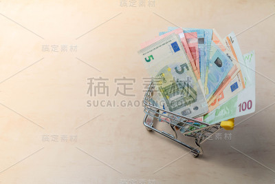 购物车与欧元钞票。准备购物