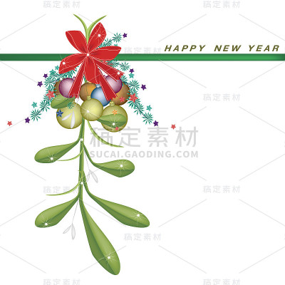 新年卡片与槲寄生与一个红色的蝴蝶结