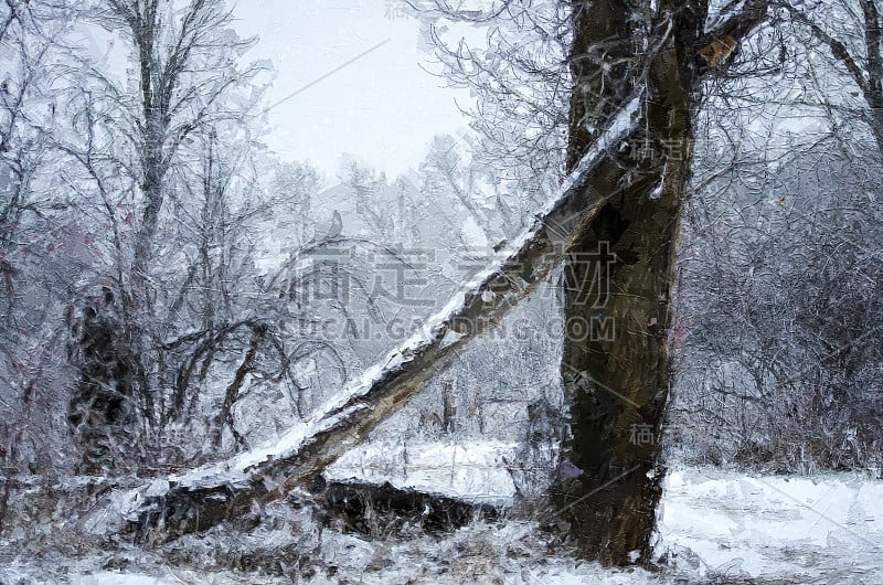 印象主义风格的作品，寒冷的冰雪冬天的森林