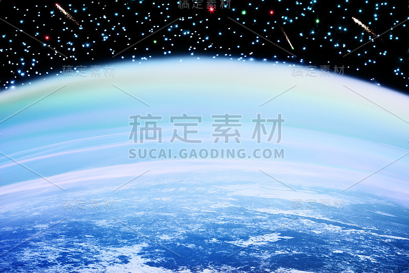 宇宙景观，蓝色的行星表面，漆黑的天空，明亮闪亮的星星，飞行的彗星，地球的地平线，天体，抽象的外星星系