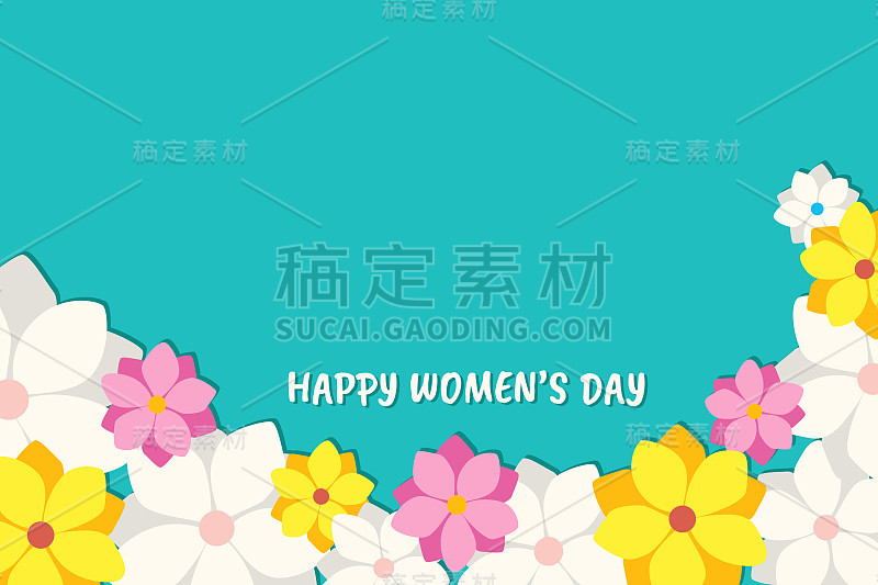 国际妇女节的绿色背景。短信:妇女节快乐，送花。矢量插图。