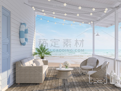 海滩上的木屋露台3d渲染