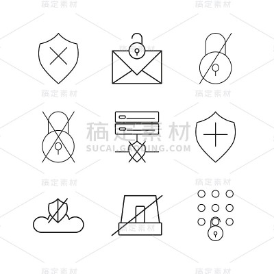 网络安全简单线性矢量轮廓图标集