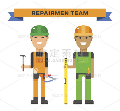 卡通工人夫妇和工具在建设矢量插图