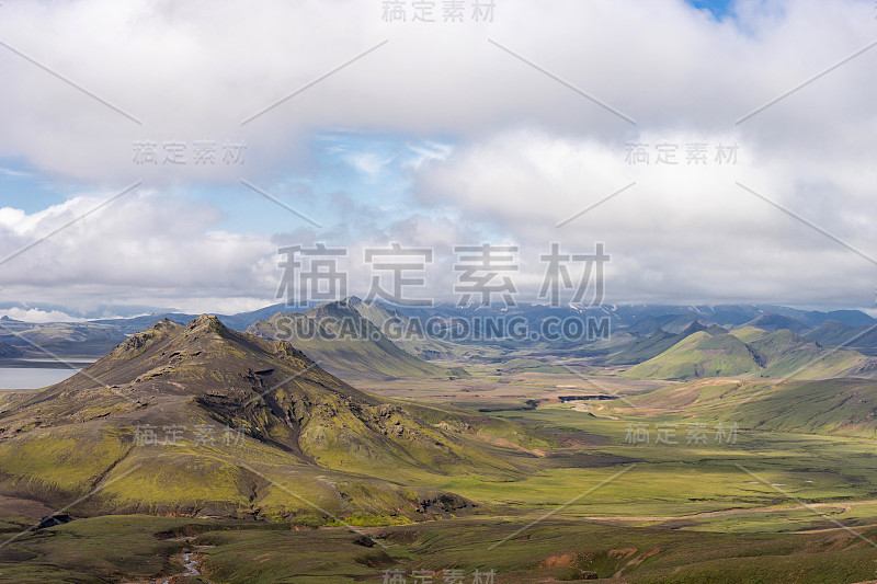 View mountain valley with green hills, river strea