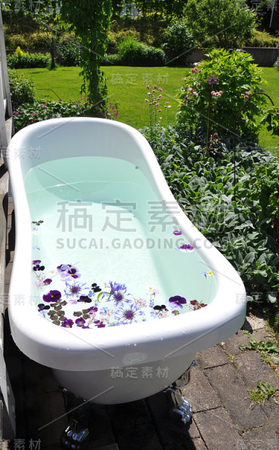浴缸里装满了花园里的花