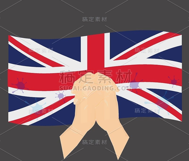 在英国国旗上印有Covid-19或新型冠状病毒的祈祷手，为英国祈祷，拯救英国人的概念，标志符号背景，