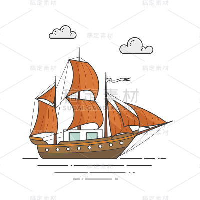 海中有橙色风帆的彩色船。帆船上的波浪为旅行、旅游、旅行社、酒店、度假卡、横幅