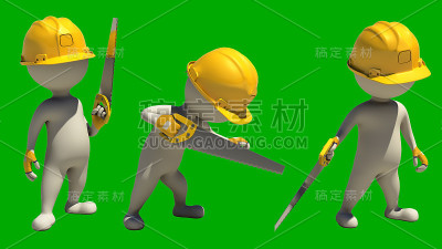 闲置建筑工人的3d渲染与手锯