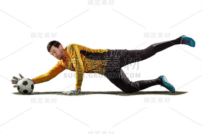 一名足球运动员守门员在孤立的白色背景中接球