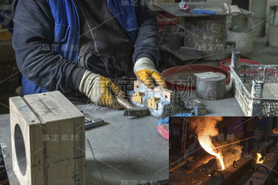 多张型砂或型钢及金属铸件照片。它是用一种叫做模具的刚性框架来塑造液体或柔韧的原材料的制造过程。