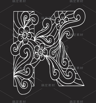 字母K表示着色。矢量装饰对象-插图计算机，服装，花边-纺织品，数字，标志