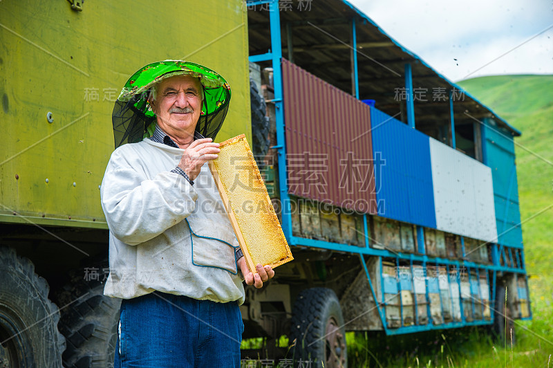 一个养蜂人拿着一个装满蜂巢的框架