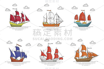 一套彩色的船与帆在海上旅行，旅游，旅行社，酒店，度假卡