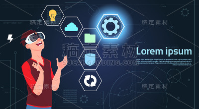 虚拟现实概念人戴着虚拟现实眼镜触摸数字商业图标