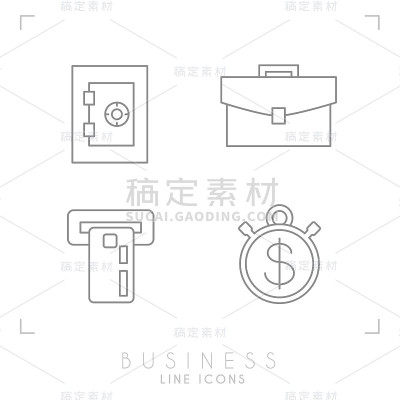 一套线细的商业和金融图标。保险箱，带卡的atm，公文包和秒表。
