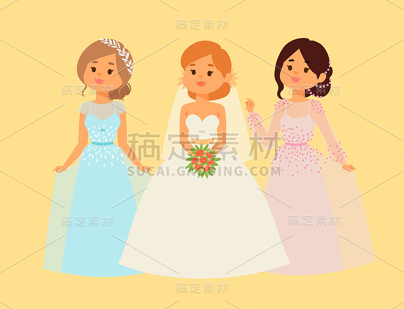 婚礼新娘字符矢量插图庆祝婚礼时尚女人卡通女孩白色仪式结婚礼服