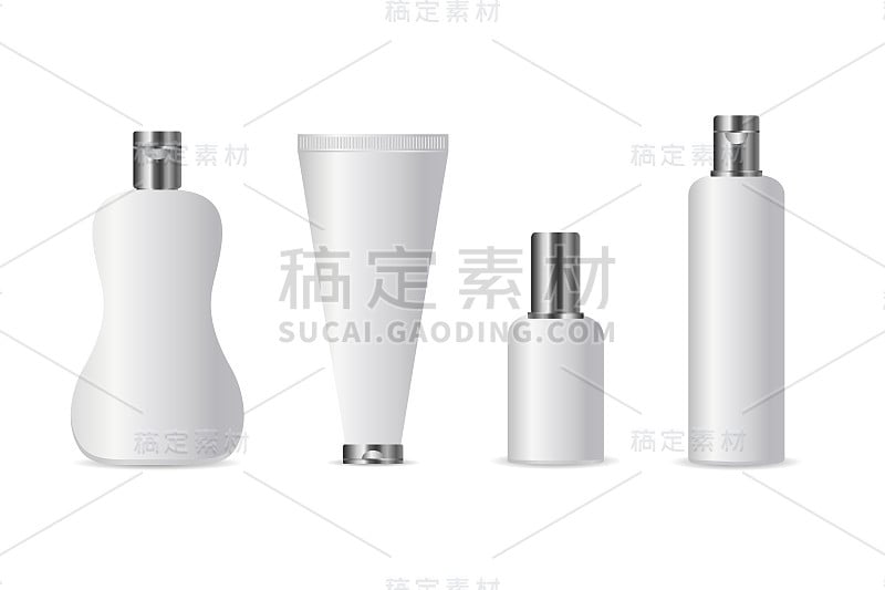 矢量组的现实隔离化妆品瓶品牌和覆盖在白色的背景。现实的空白模板模拟设计和业务标识。