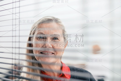 通过百叶窗。从办公室窗户往外看的成功女商人