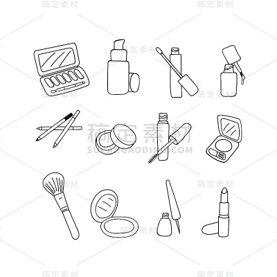 彩妆化妆品，素描白底。向量
