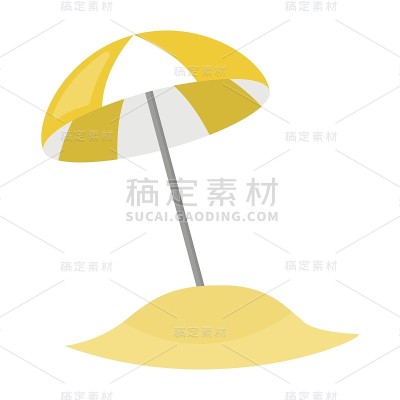 夏天的雨伞在沙地上孤立的白色背景上。矢量插图的海滩元素在平面风格。