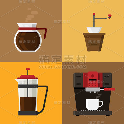 背景上的咖啡图标和咖啡机元素。矢量图