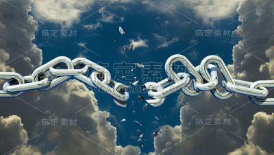 链断裂和鸟类逃到天空- 3d渲染