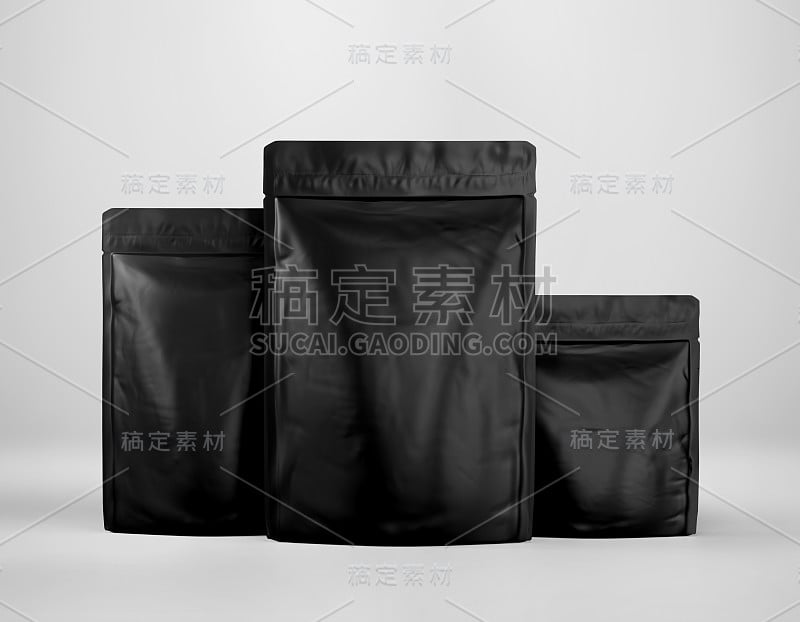 黑色站立铝箔袋模型模板，黑色空白食物咖啡doypack, 3d渲染孤立在灯光背景