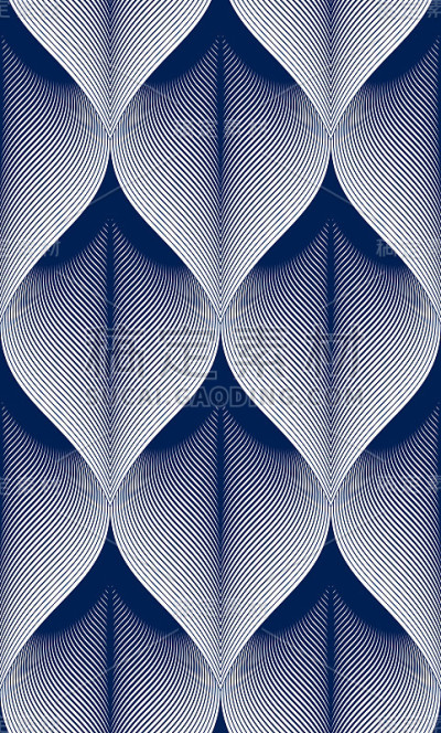 抽象线条几何无缝图案，矢量重复无尽的织物背景。花叶或鱼鳞片形状时髦的主题。单色，黑白两色。可用于织物